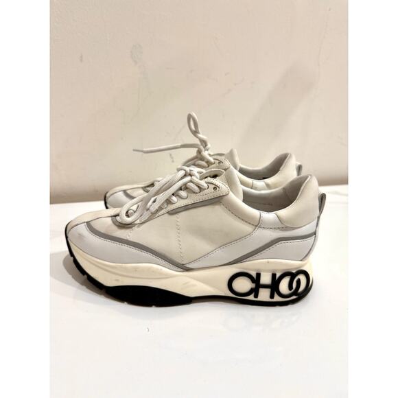 Jimmy Choo Leather and Neoprene Raine Choo Logo Platform Sneakers White EU 37.5 - Picture 3 of 8